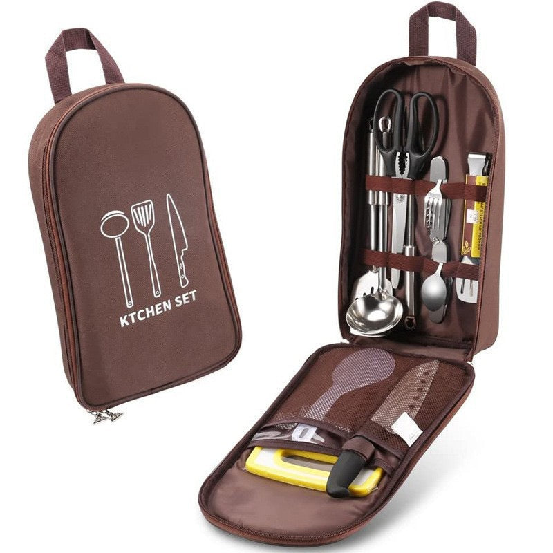 Brown kitchen set bag keeps your essential kitchenware safe, organized, and ready to use.  Perfect for camping and picnic.