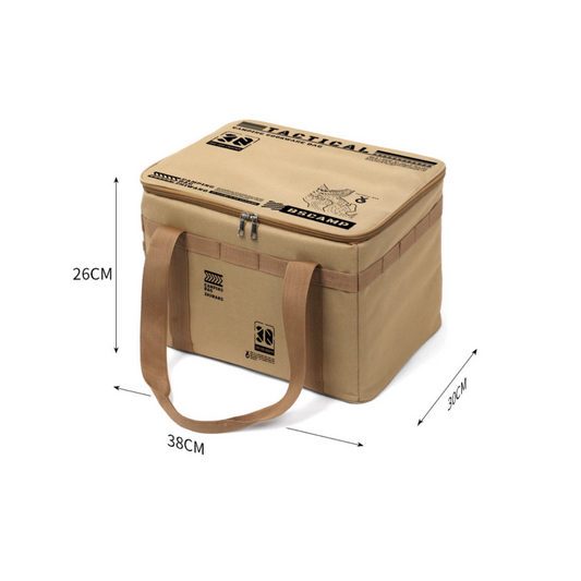 Outdoor Foldable Storage Box 30L in 38cm*30cm*26cm with a zippered top and sturdy handles, featuring outdoor-themed graphics and labels.  Perfect for camping, picnic.