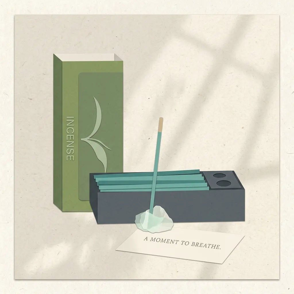 An illustrated product scene showing an incense box in muted green, a dark incense holder with teal incense sticks, a small incense stick with ash, and a card reading 'A MOMENT TO BREATHE' on a textured cream background with soft shadow overlays.