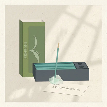 An illustrated product scene showing an incense box in muted green, a dark incense holder with teal incense sticks, a small incense stick with ash, and a card reading 'A MOMENT TO BREATHE' on a textured cream background with soft shadow overlays.