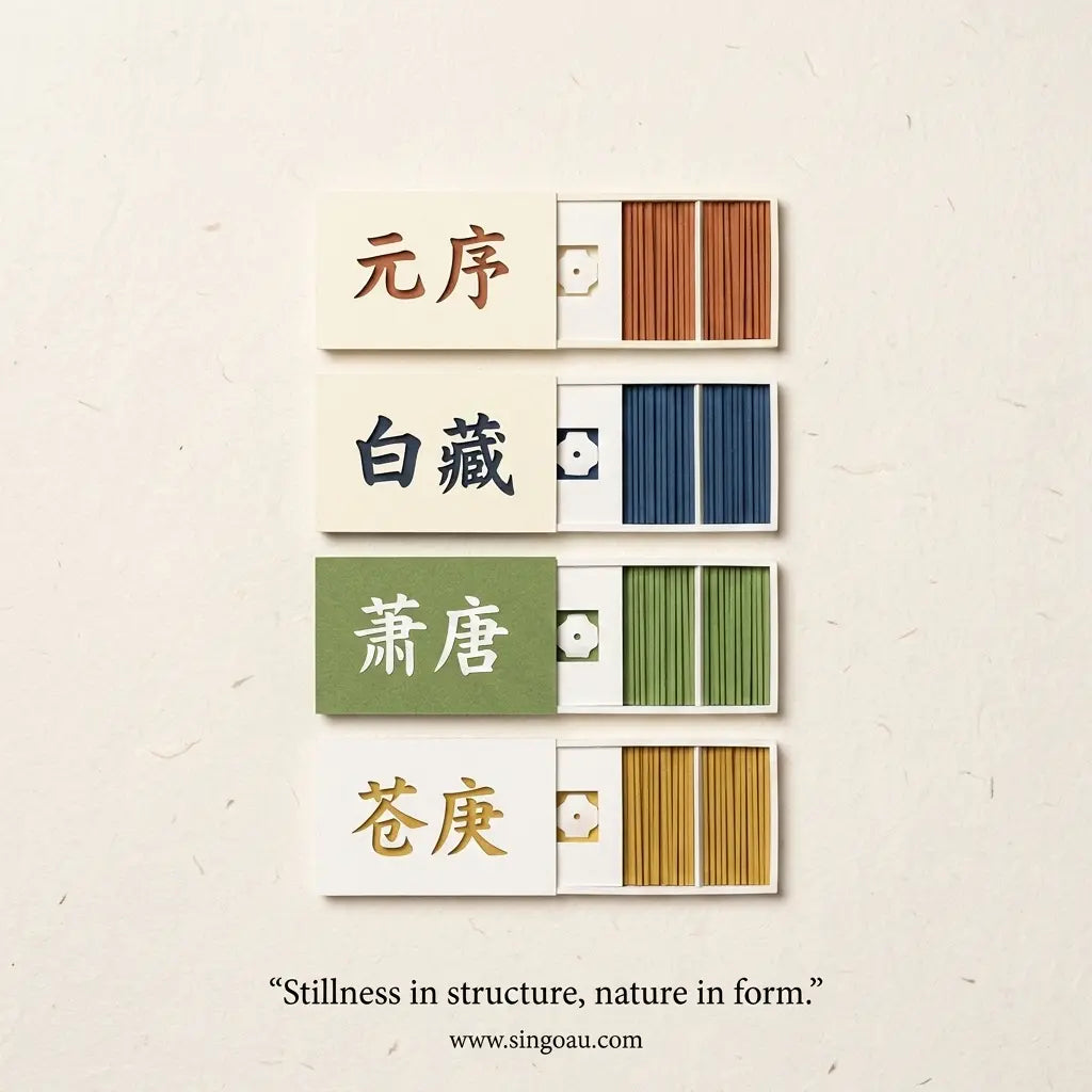 Four rectangular cards with Chinese characters arranged vertically on a light textured background, each paired with a small striped paper strip in brown, blue, green, and gold. Below the cards, the quote 'Stillness in structure, nature in form.