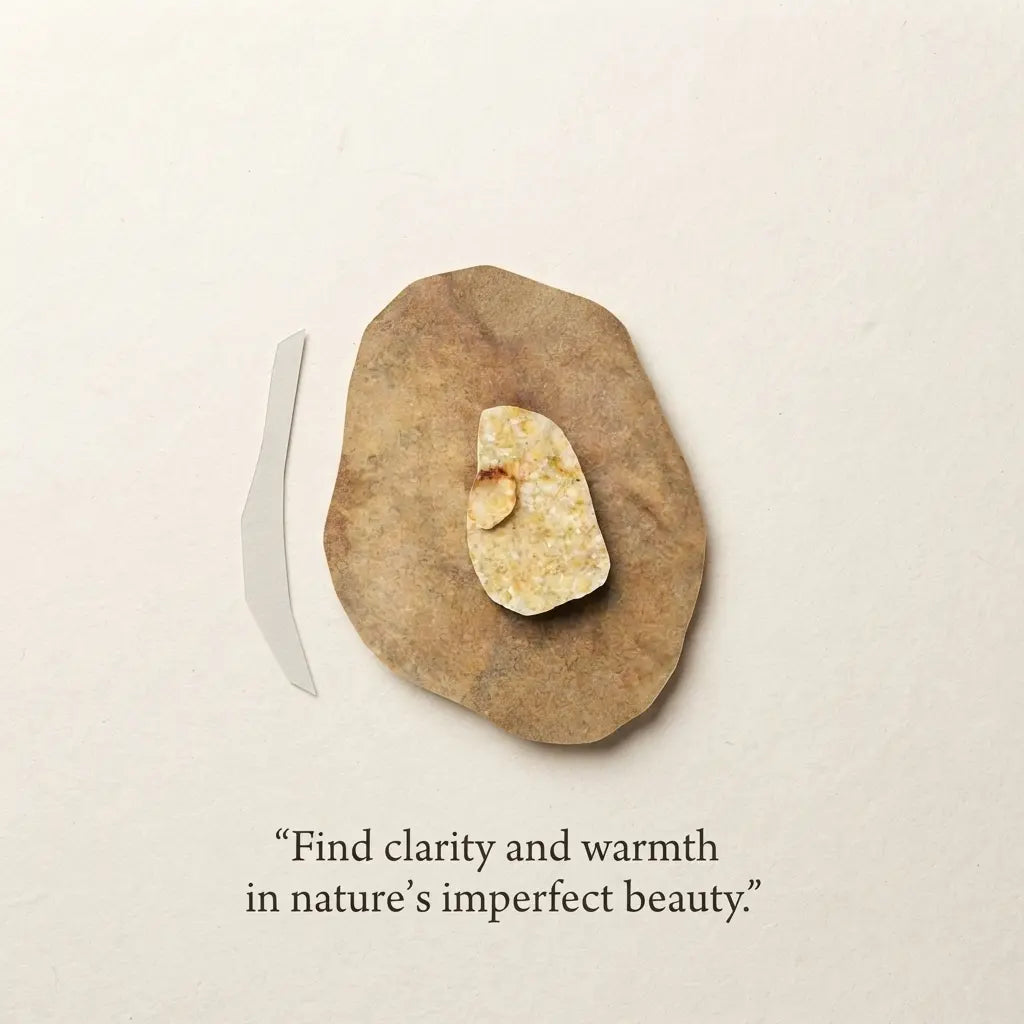 A styled flat-lay featuring a natural brown stone with a Citrine Crystal Cluster · Abundance, Success, Confidence & Positive Energy embedded in it on a textured off-white background with a quote printed below.