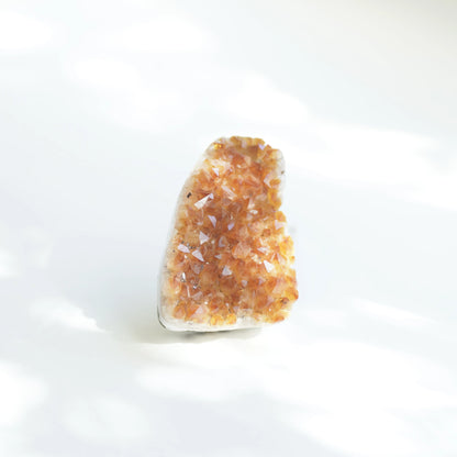 A raw citrine crystal cluster with orange and yellow crystalline points on a clear matrix, standing upright on a white surface with soft shadows.