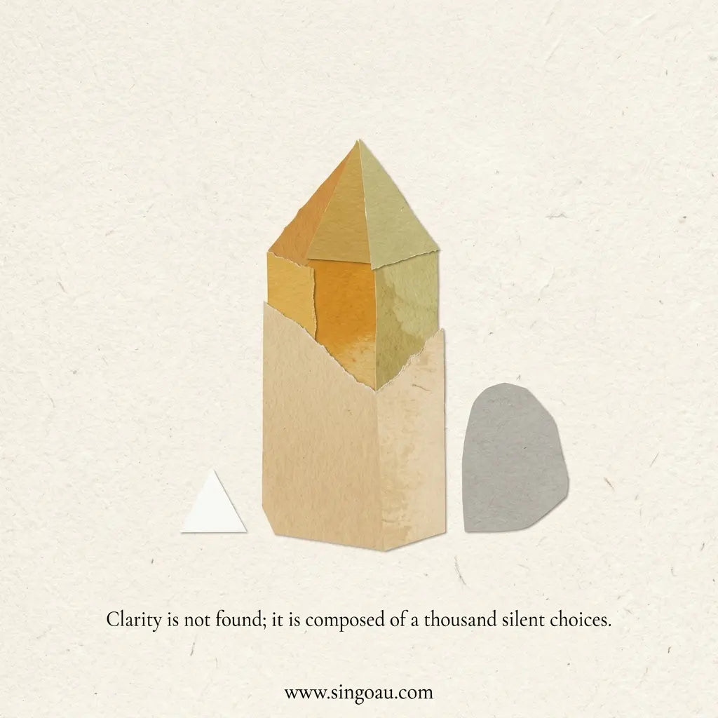 Minimalist art print featuring a geometric crystal-like illustration in warm beige, yellow, and orange tones on a textured off-white background, with the text 'Clarity is not found; it is composed of a thousand silent choices.' and the website www.