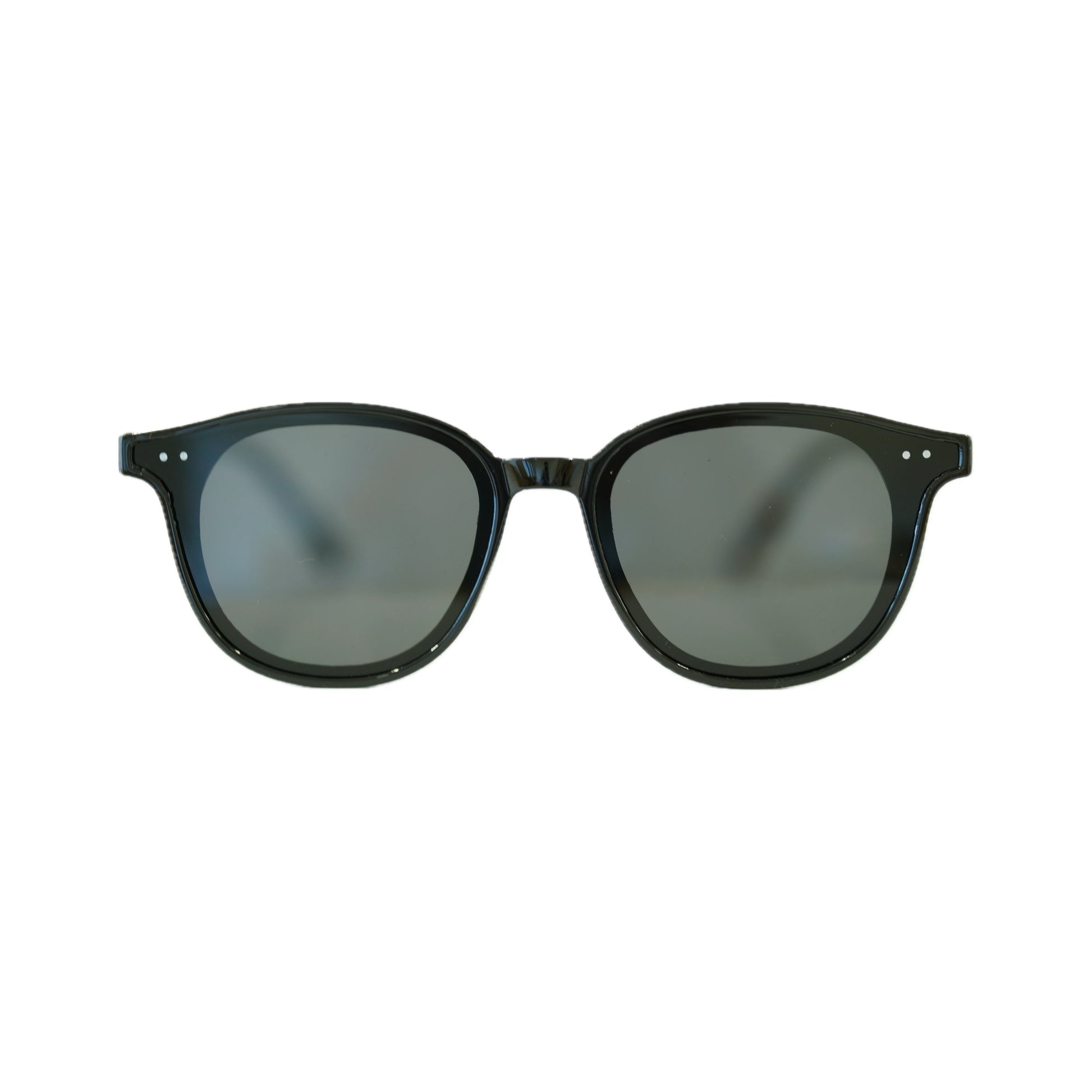 Stylish black sunglasses with dark lenses, featuring a classic frame design and minimal detailing, front view on a white background.