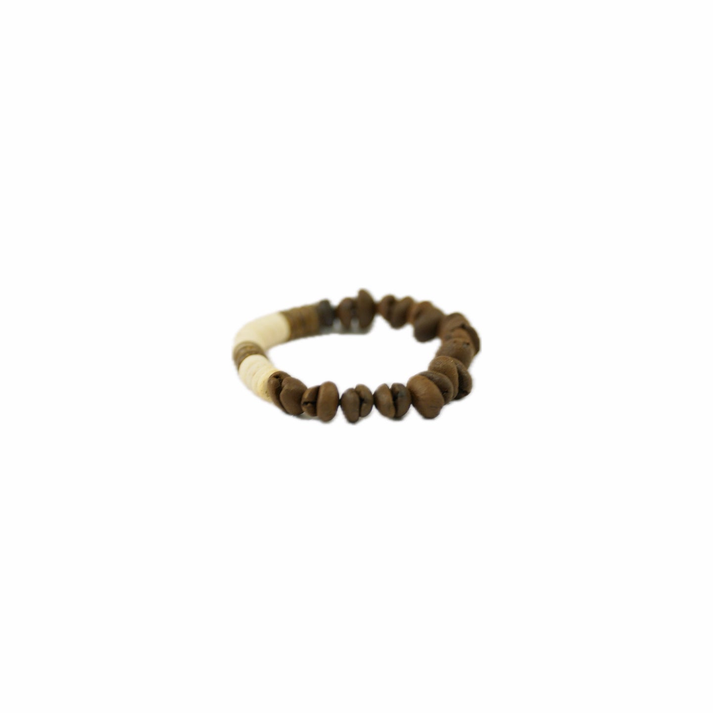 Coffee bean bracelet with brown and beige beads on a white background