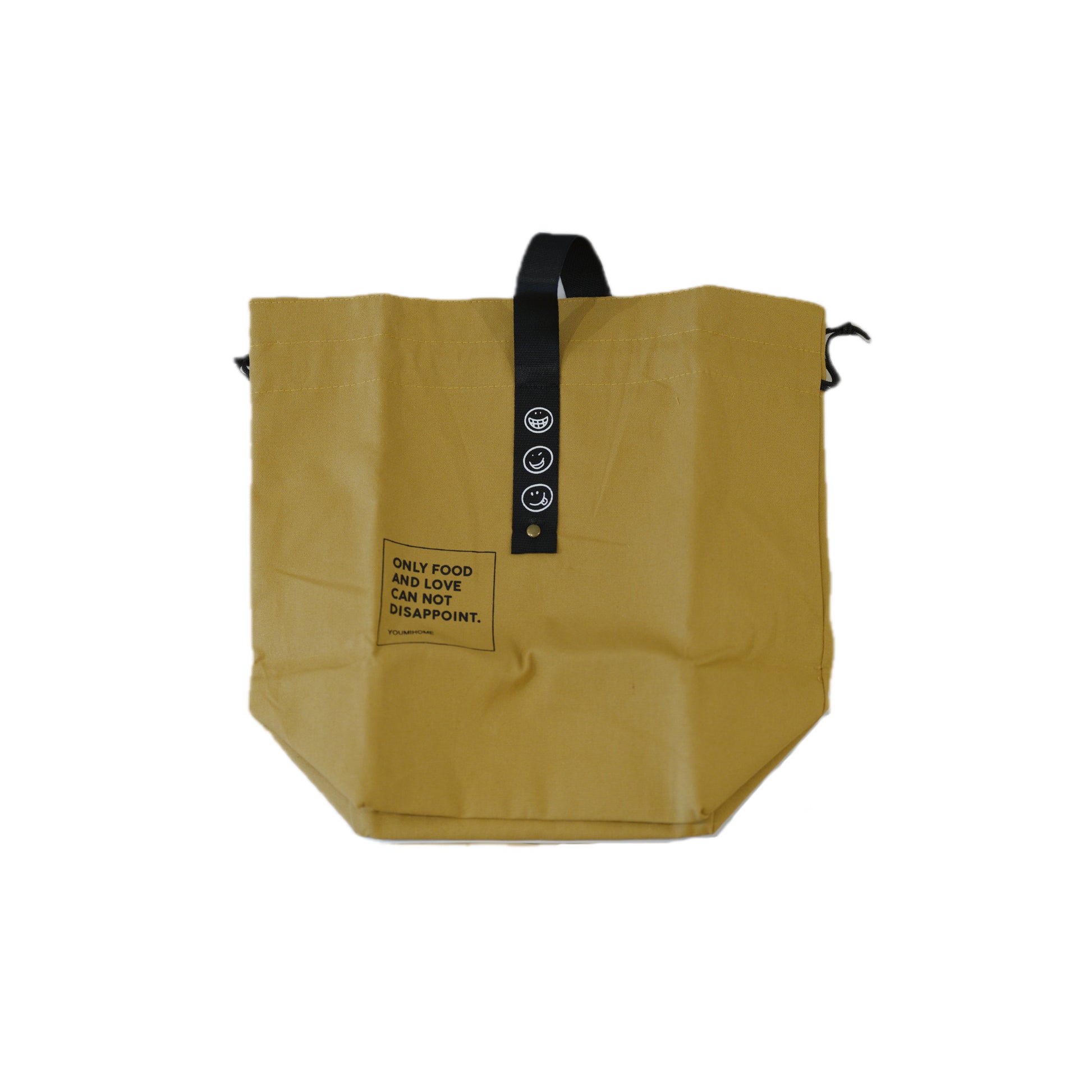 Detail image of the Ins-style canvas lunch bag with a black strap and the text “ONLY FOOD AND LOVE CAN NOT DISAPPOINT” printed on it.