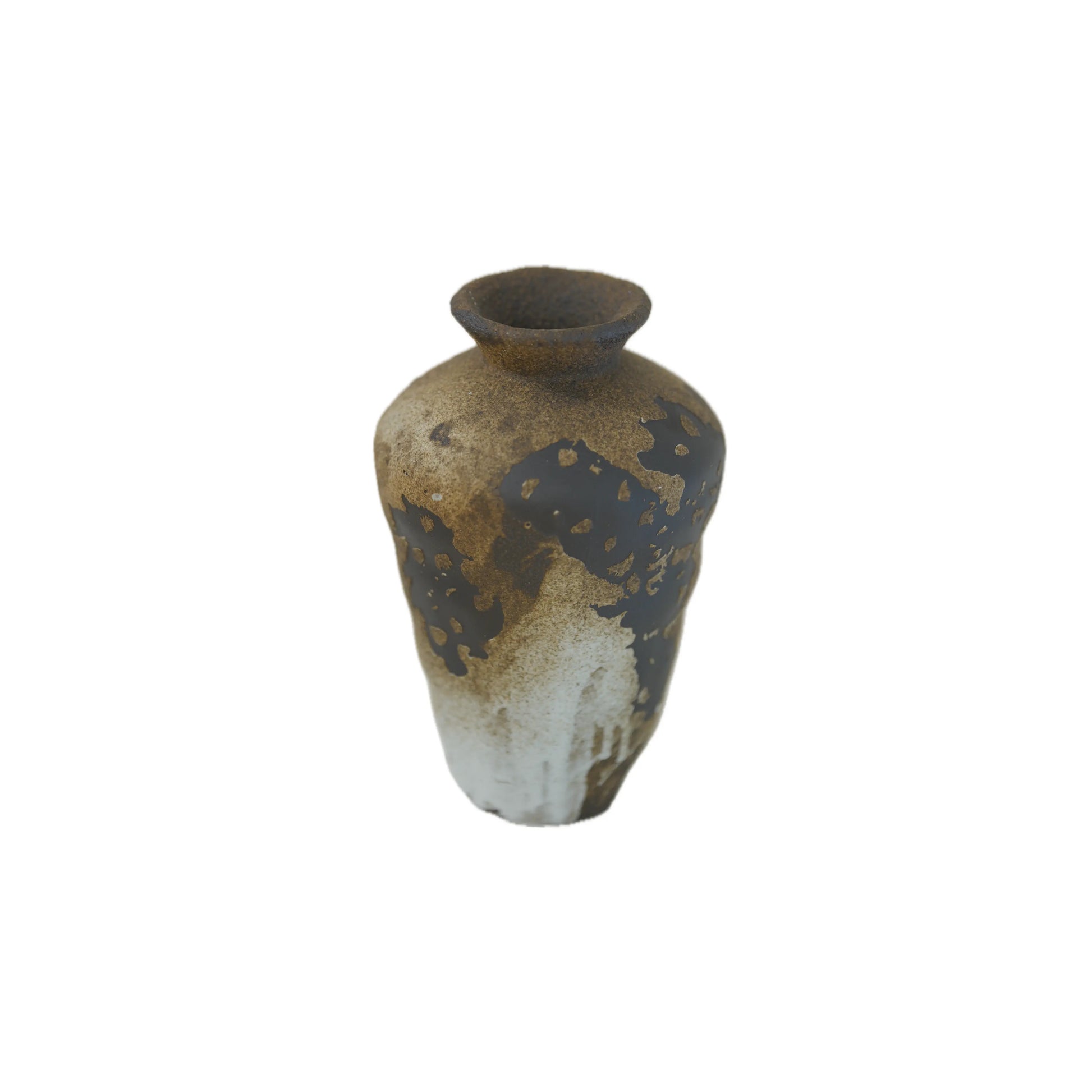A rustic ceramic vase with a dark brown and black mottled glaze over a warm beige base, set against a plain white background.