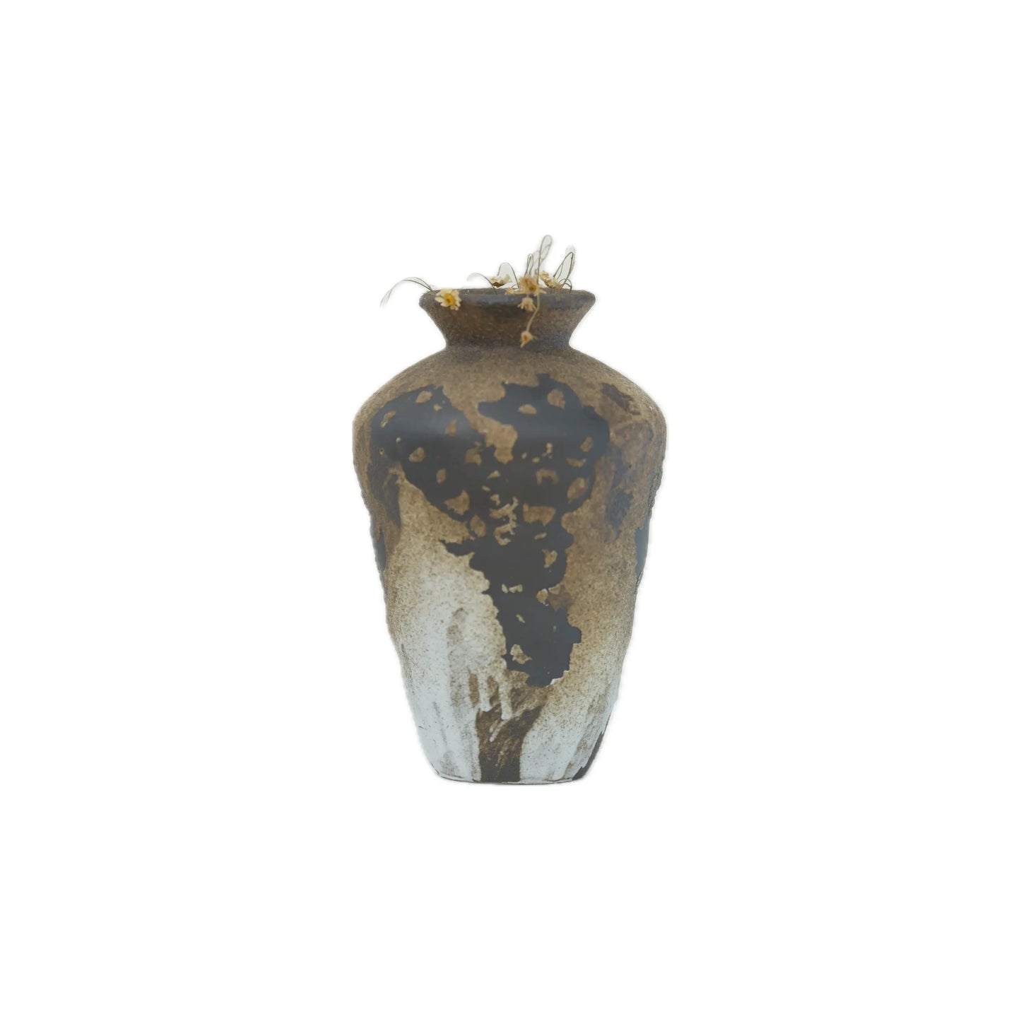 Ceramic vase with an abstract dark brown and white pattern containing dried flowers on a white background.