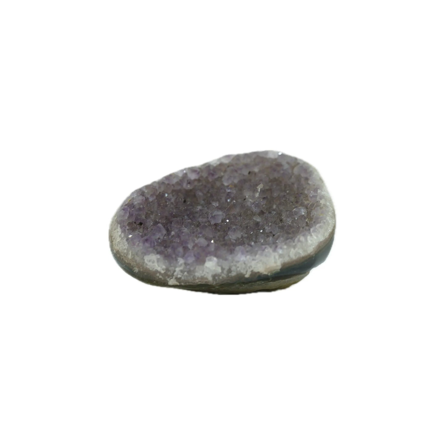 Flat raw amethyst cluster crystal with polished base, natural purple quartz healing stone top view
