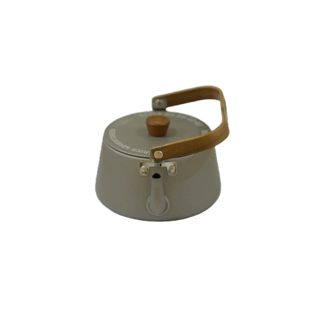 Gray kettle with a brown handle on a white background.