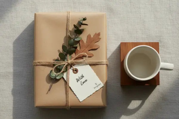 Gift wrapped in brown paper with leaves and a tag, next to a white mug on a wooden coaster.