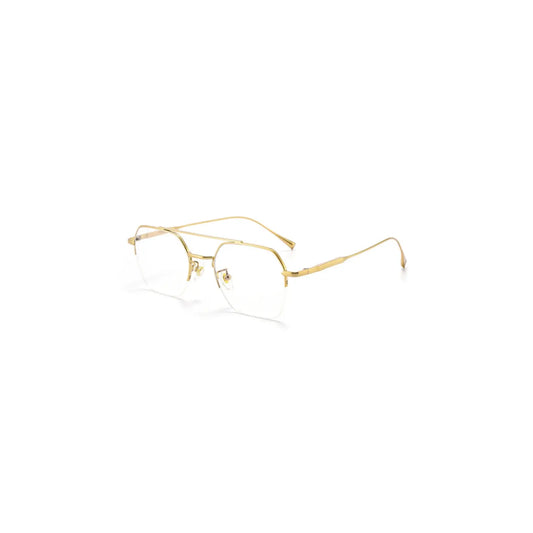 Gold color metal frame rectangular glasses with clear lenses, angled to show the side view against a white background.