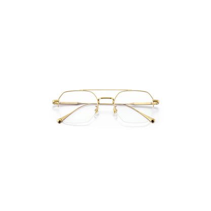 Gold-framed eyeglasses with a sleek design and clear lenses, displayed against a white background.