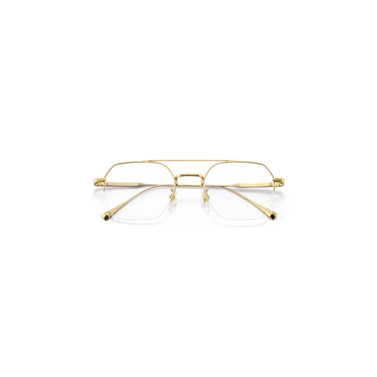 Gold-framed eyeglasses with a sleek design and clear lenses, displayed against a white background.