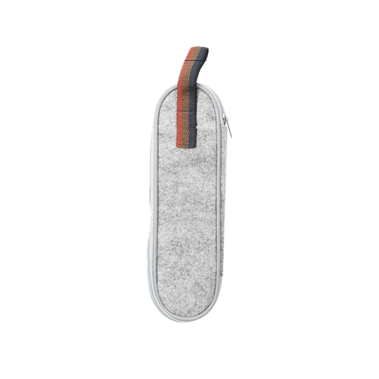 A gray dining set with a colorful strap handle, featuring a zipper closure and a smooth, minimalist design.