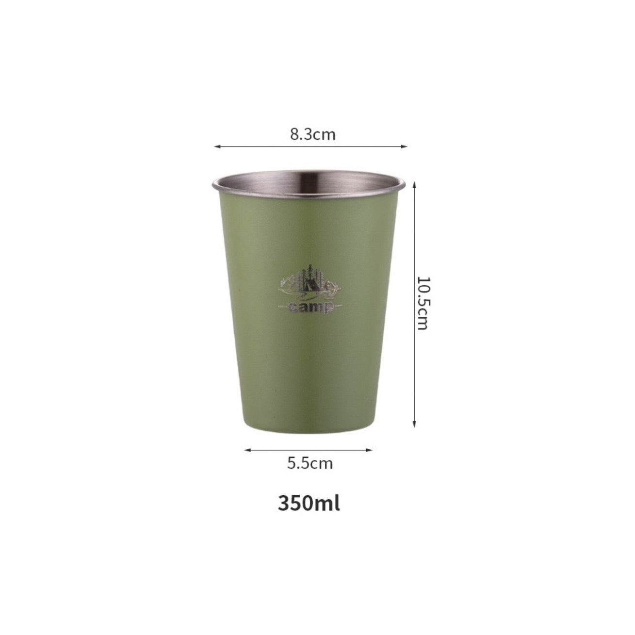 Green camp cup with stainless steel, measuring 10.5cm high and 8.3cm wide, holding 350ml.
