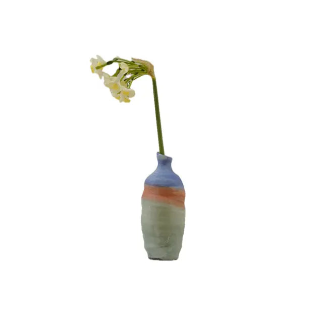 Small ceramic vase with a colorful striped design containing a single white flower on a white background