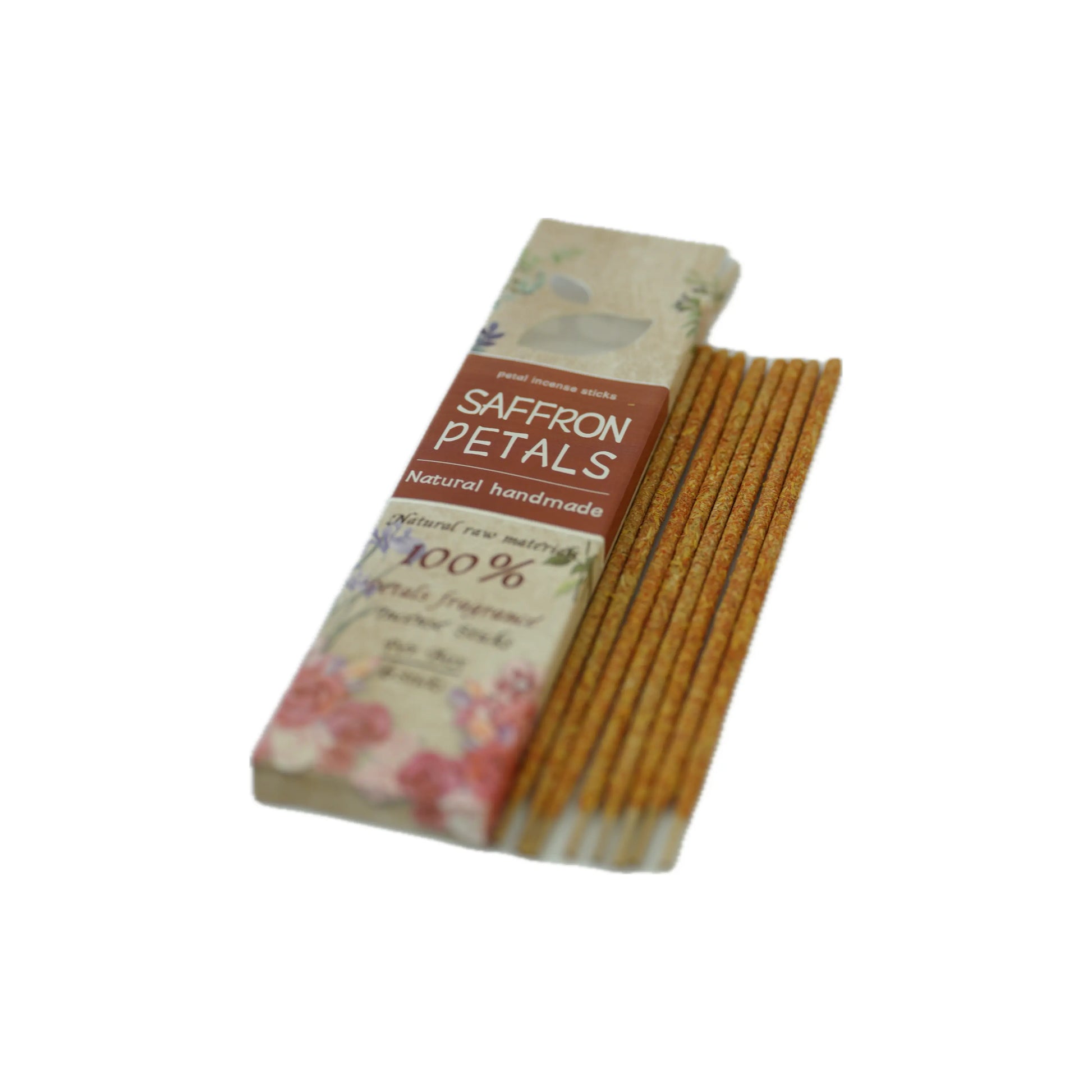 Pack of saffron petals incense sticks with a floral design, labeled "Saffron Petals", highlighting natural and handmade ingredients.