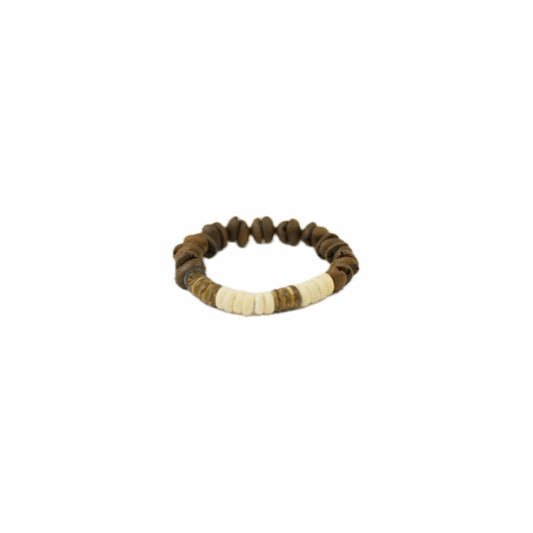 Handmade beaded bracelet featuring alternating brown and cream-colored beads arranged in a patterned loop on a white background.