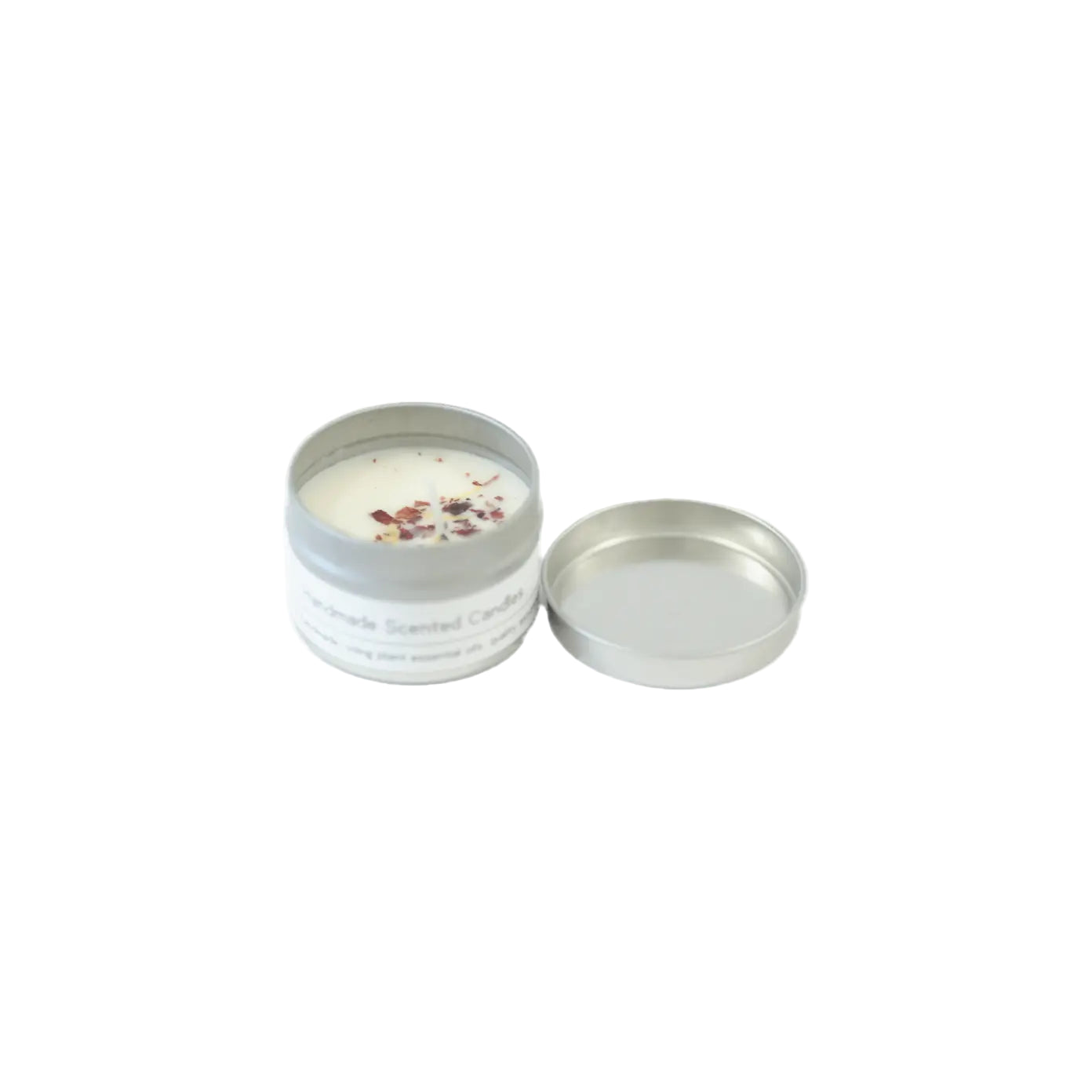 Small white container with floral scent candle design on a white background