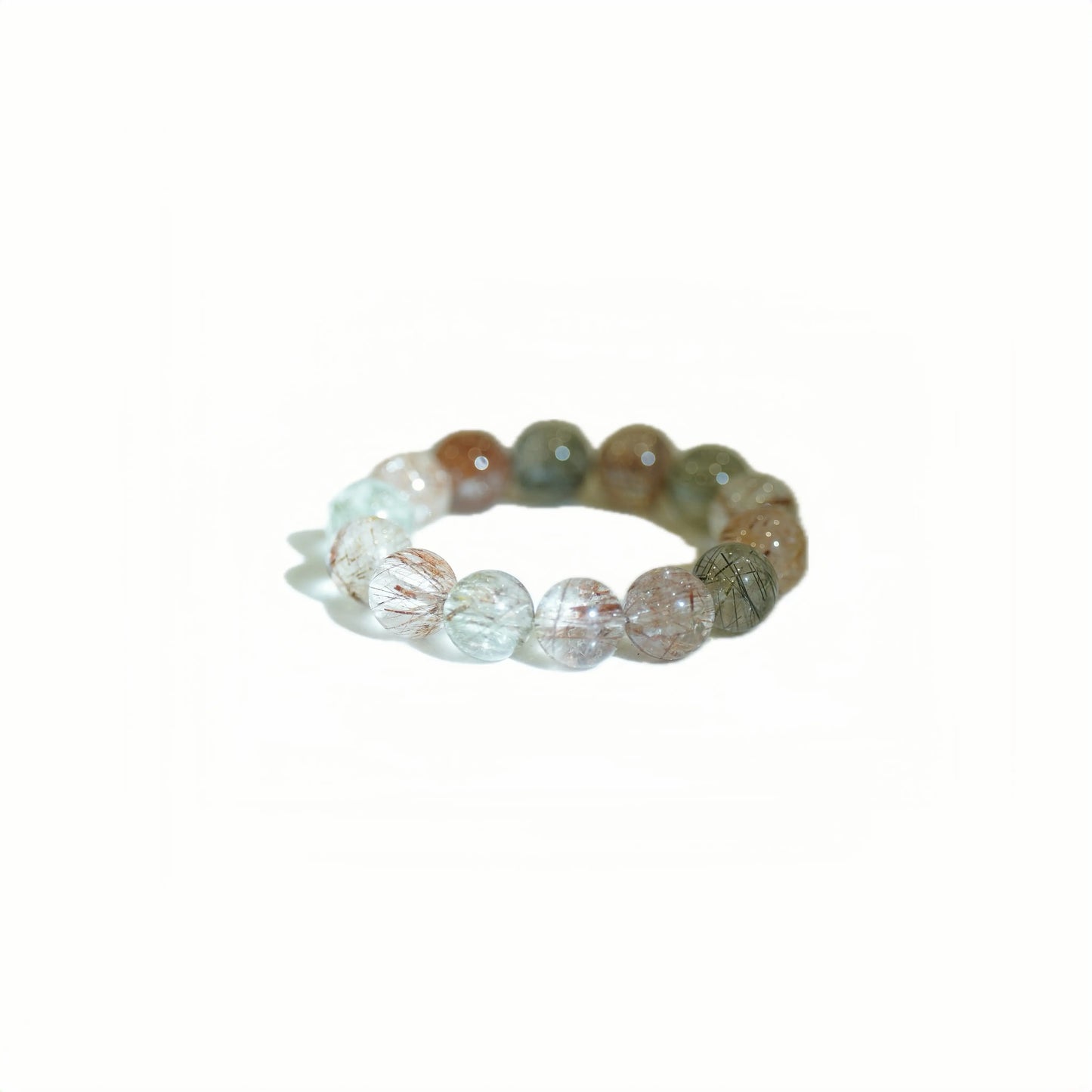 Healing Crystal Bracelet Copper Rutile and Green Rutile Beads on a white background