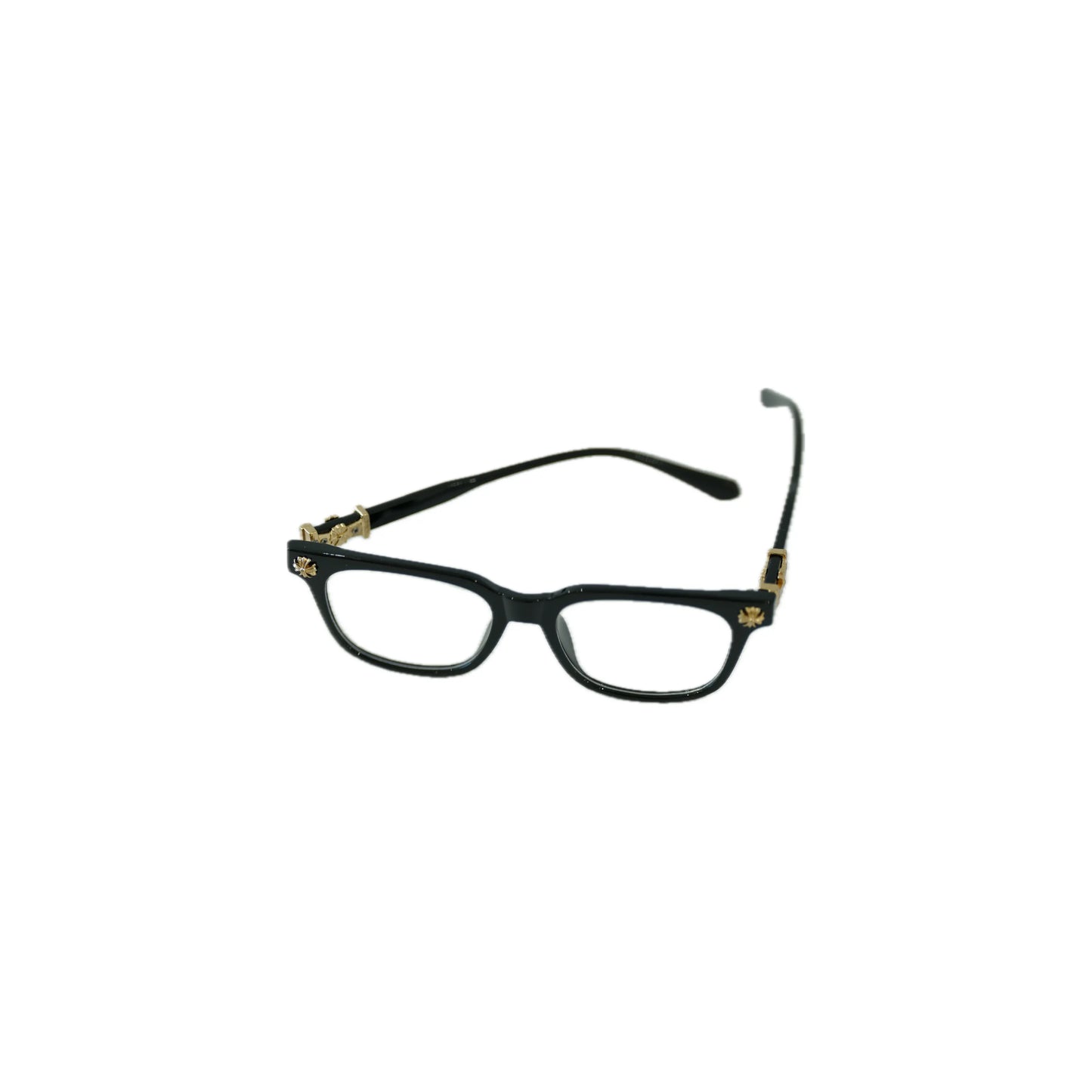 Black eyeglasses with gold accents on a white background