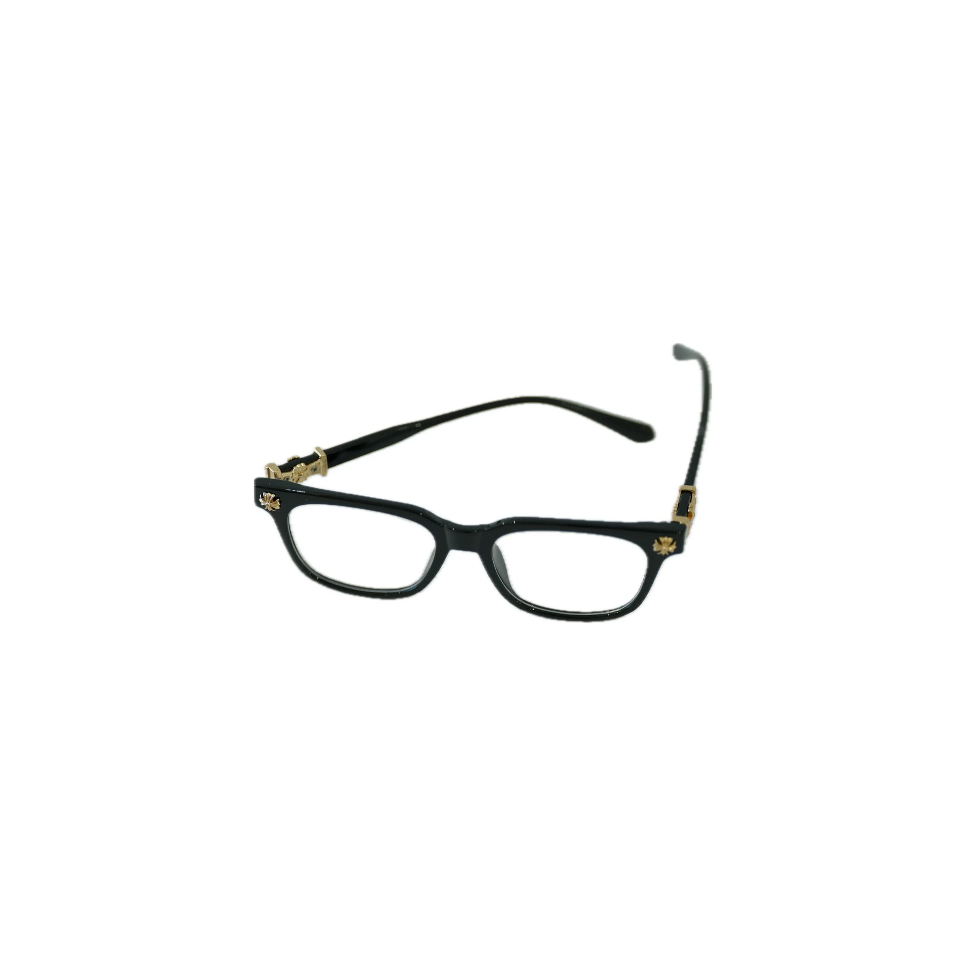Black eyeglasses with gold accents on a white background