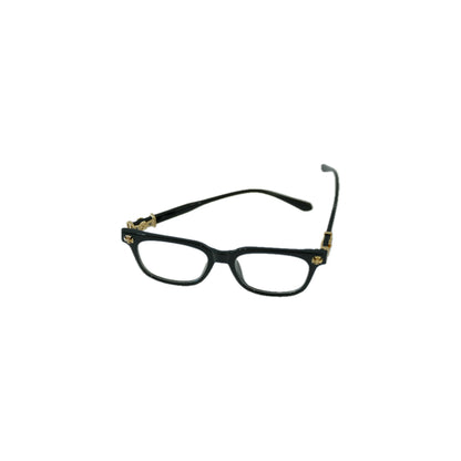 Black eyeglasses with gold accents on a white background