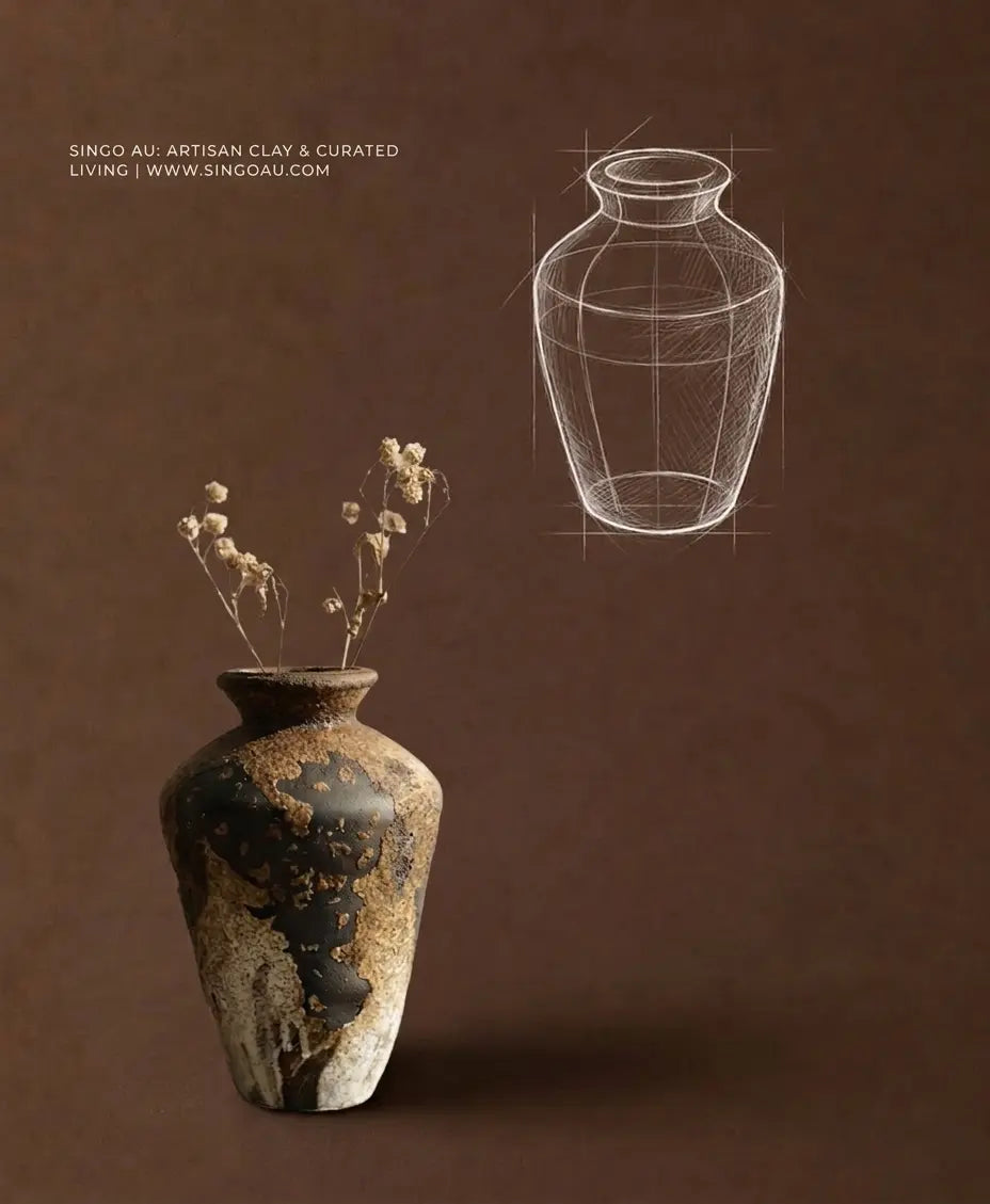 A rustic ceramic vase with a mottled black, brown, and beige glaze, holding dried beige flowers, set against a dark brown background. A white line drawing sketch of a vase is shown in the upper right, with text in the upper left reading 'SINGO AU: ARTISAN CLAY & CURATED LIVING | WWW.
