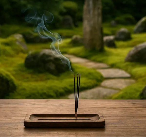 Incense sticks with smoke on a wooden stand against a blurred natural background