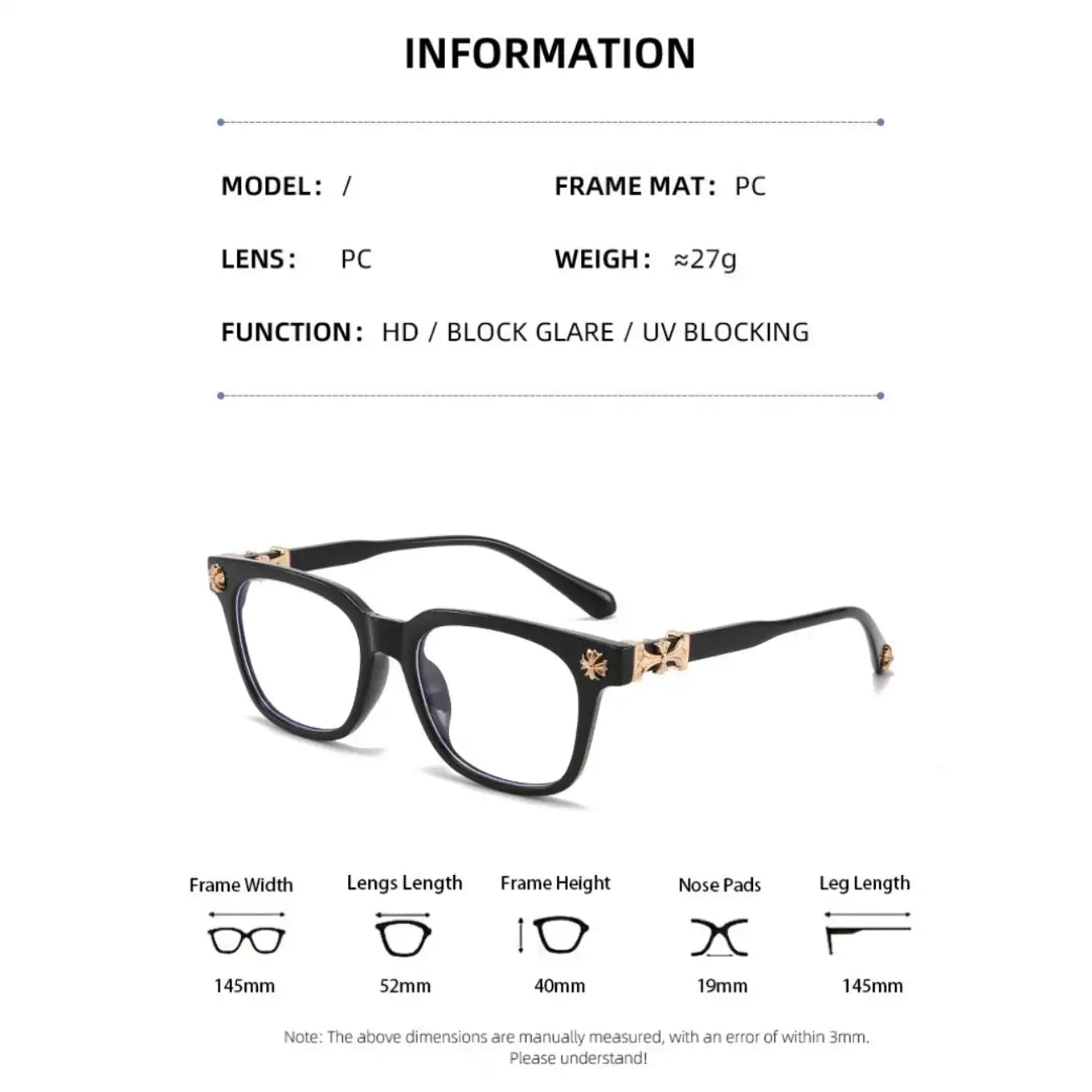 Eyeglasses with specifications on a white background.