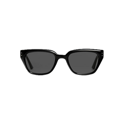 Black rectangular sunglasses with dark lenses, featuring a modern geometric design and sleek black frames.