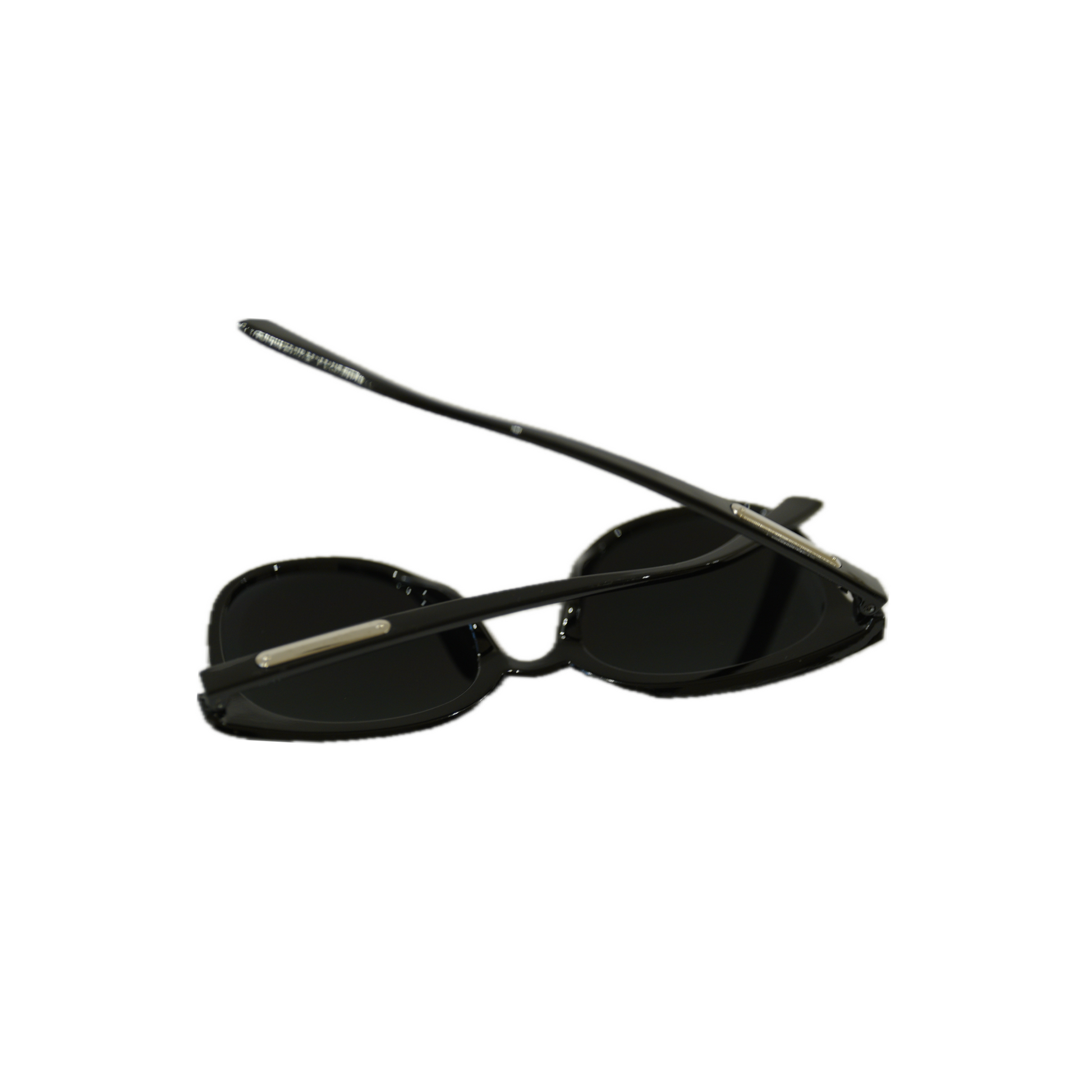 A stylish pair of black sunglasses with slender frames and dark lenses, angled slightly to showcase their modern design.