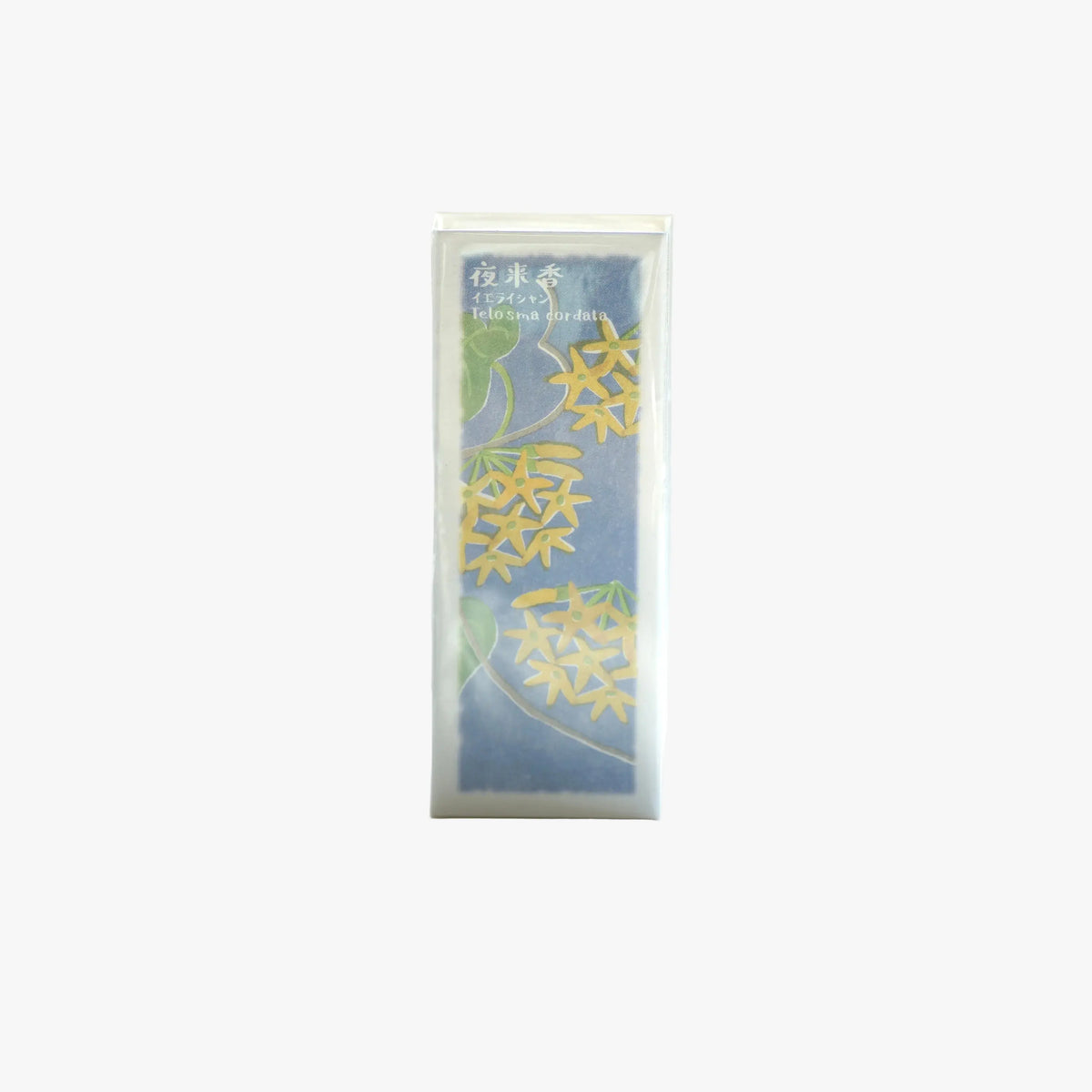 A packaged Kousaido Ikadenshin Japanese Incense with a blue and green floral design and gold calligraphic accents, shown in a clear plastic sleeve against a plain white background.