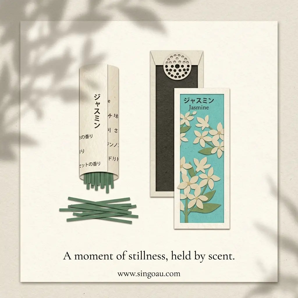 A minimalist kousaido Ikadenshin Japanese Jasmine Incense  illustration showing a scented incense set with a cream-colored paper sleeve, several green incense sticks, a dark rectangular box, and a small card labeled Jasmine with white flowers on a light blue background. The scene is presented on a cream card with soft leaf shadows, and the text reads 'A moment of stillness, held by scent.