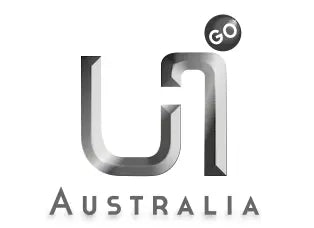 Logo in U and N shape mixed and GO in top right corner with a word AUSTRALIA on the bottom on white background