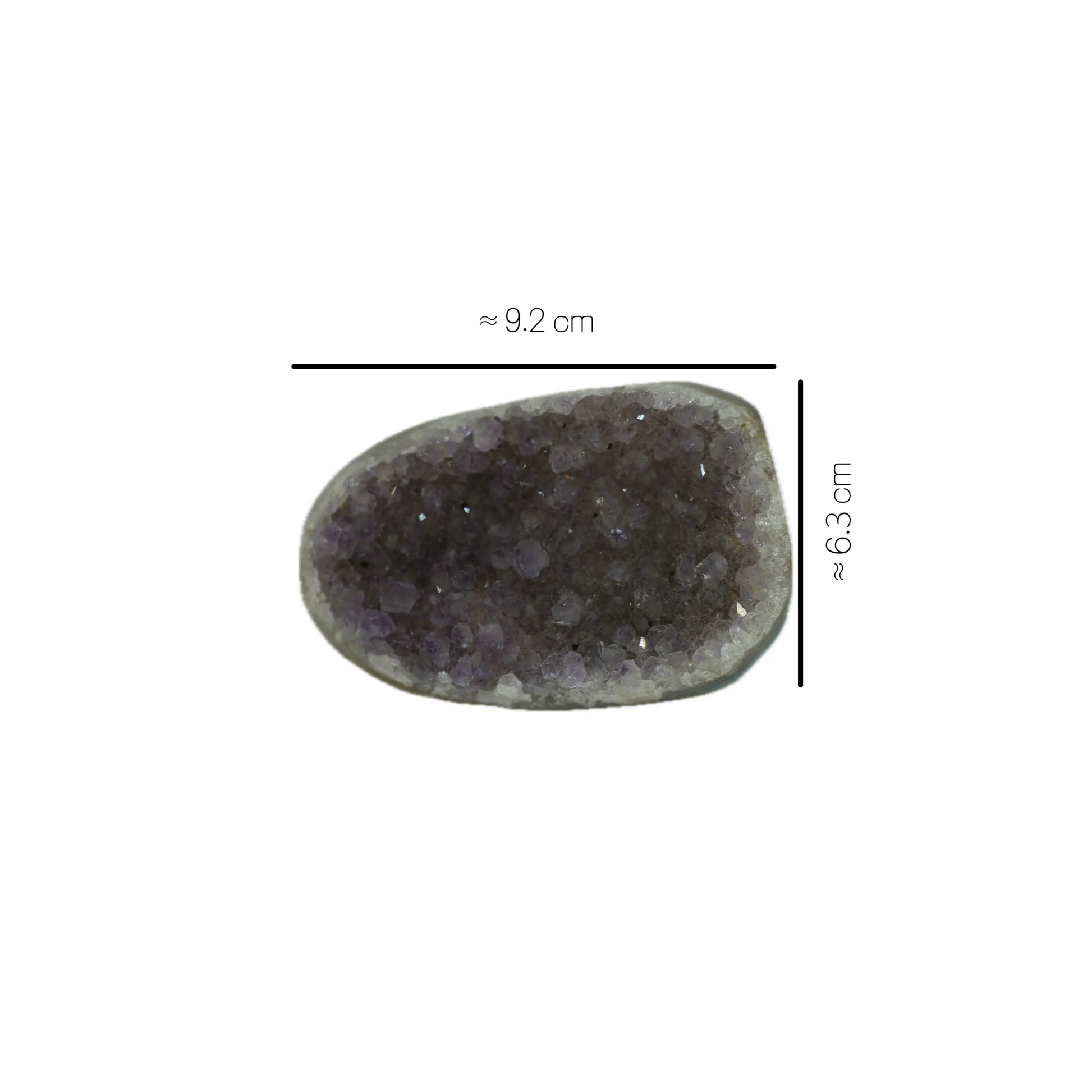 Measurement photo of a flat raw amethyst cluster, showing dimensions of approximately 9.2 cm in length and 6.3 cm in width.