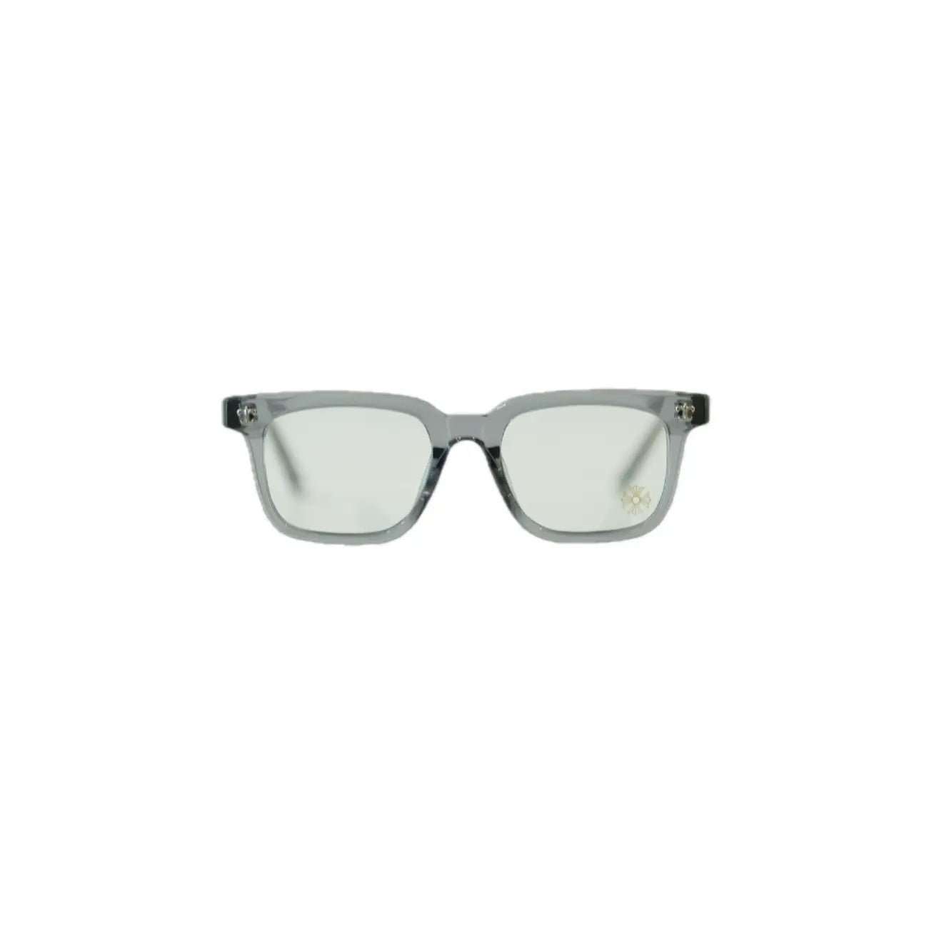 Stylish gray rectangular glasses with clear lenses and subtle embellishments on the temples.