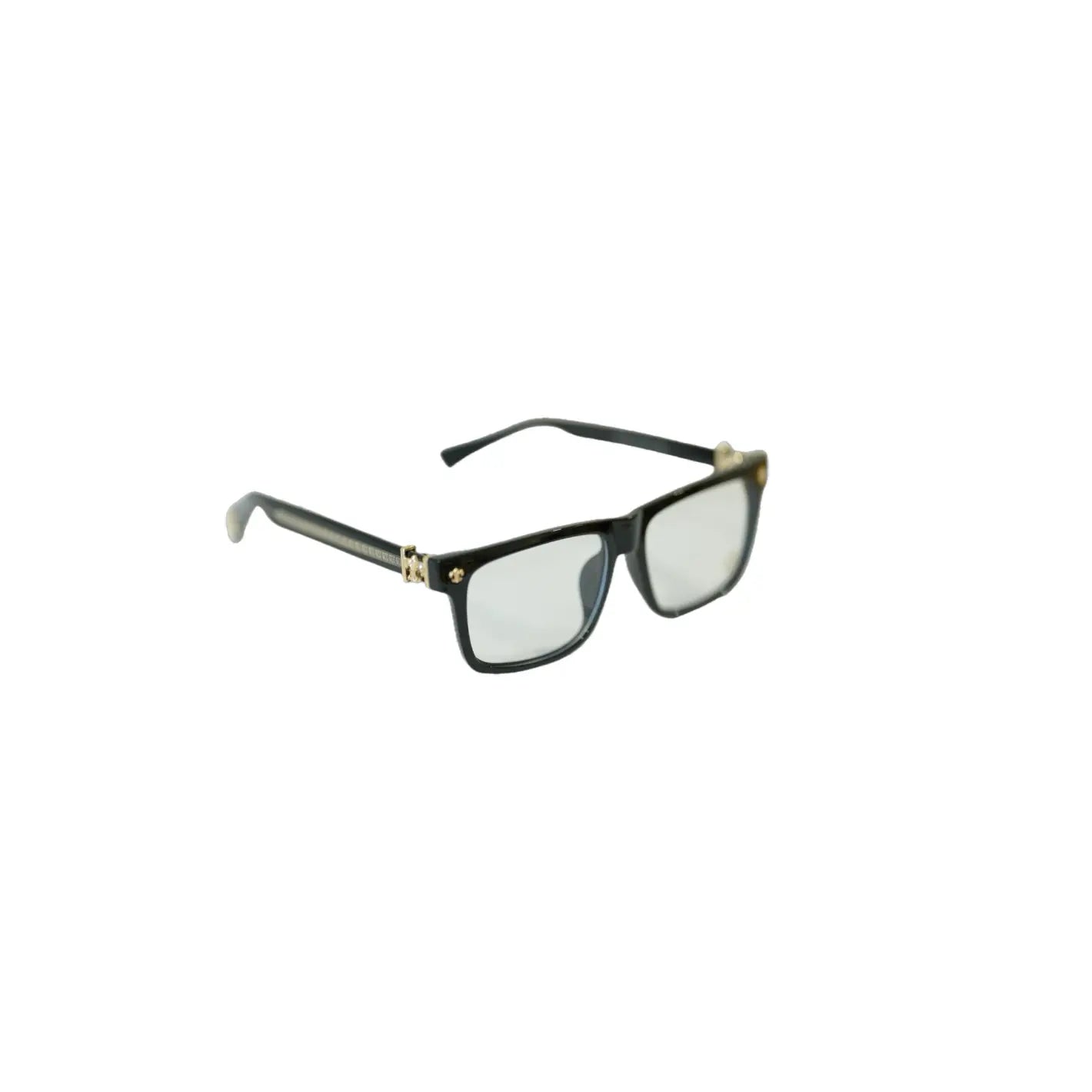 Black eyeglasses with gold accents on a white background