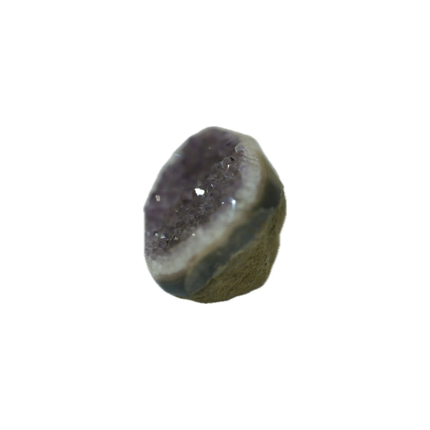 Standing view of a raw purple amethyst stone, showcasing the thickness of the natural rock matrix and the dense druzy crystal face.