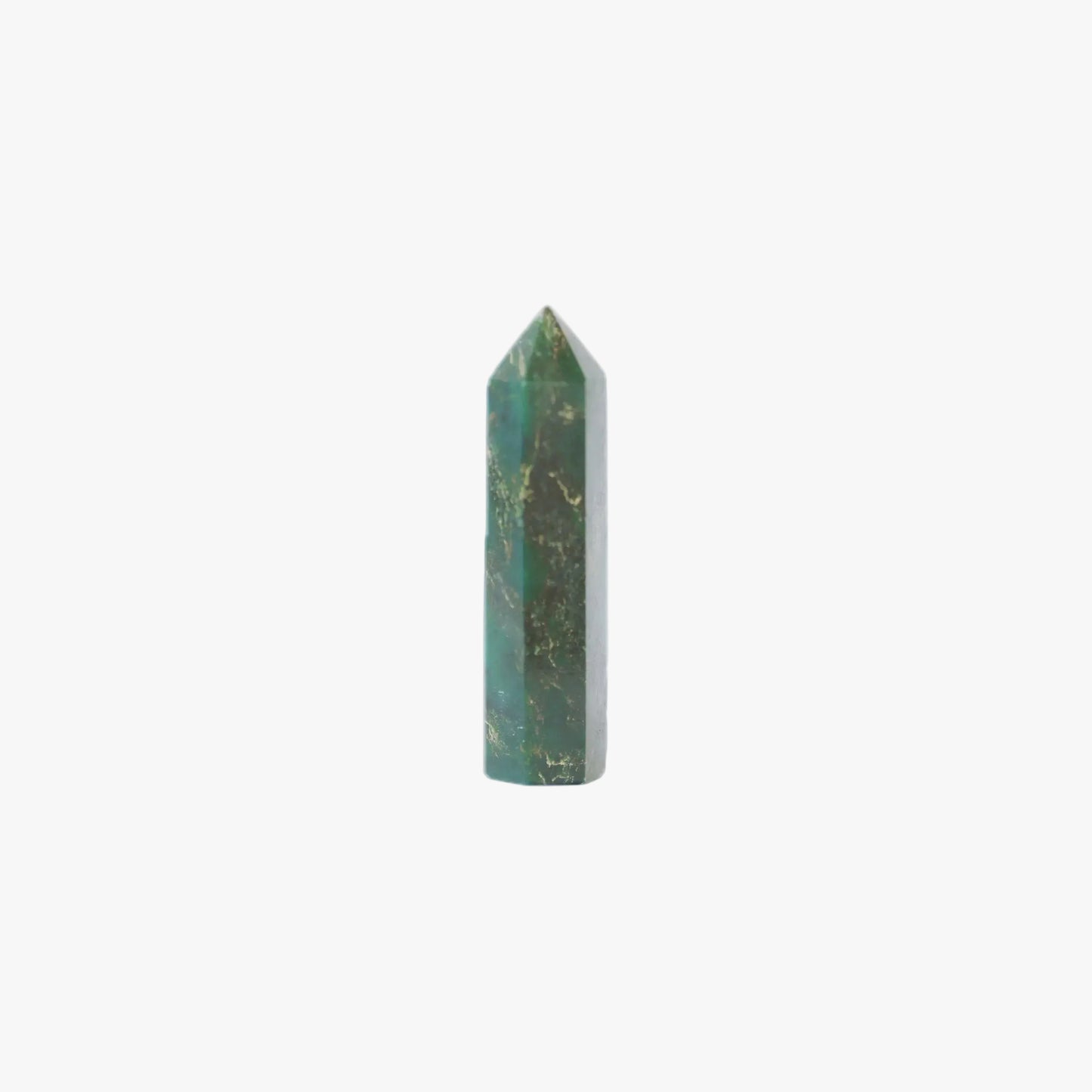 A green emerald stone pyramid crystal tower with natural gold veining, shown on a plain white background.