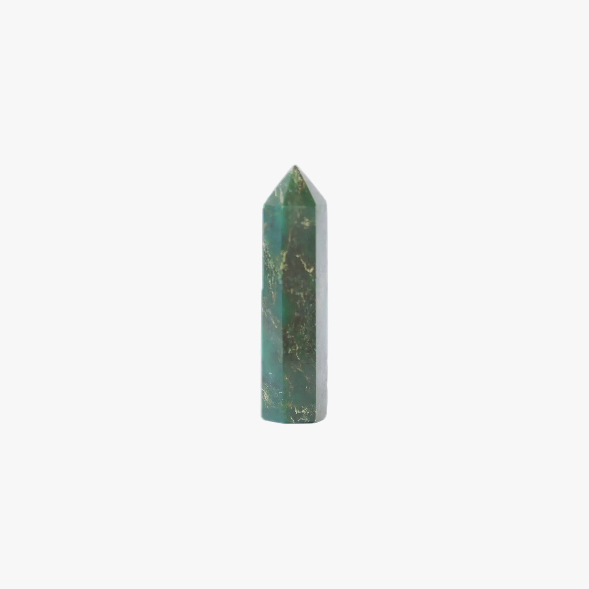 A green emerald stone pyramid crystal tower with natural gold veining, shown on a plain white background.