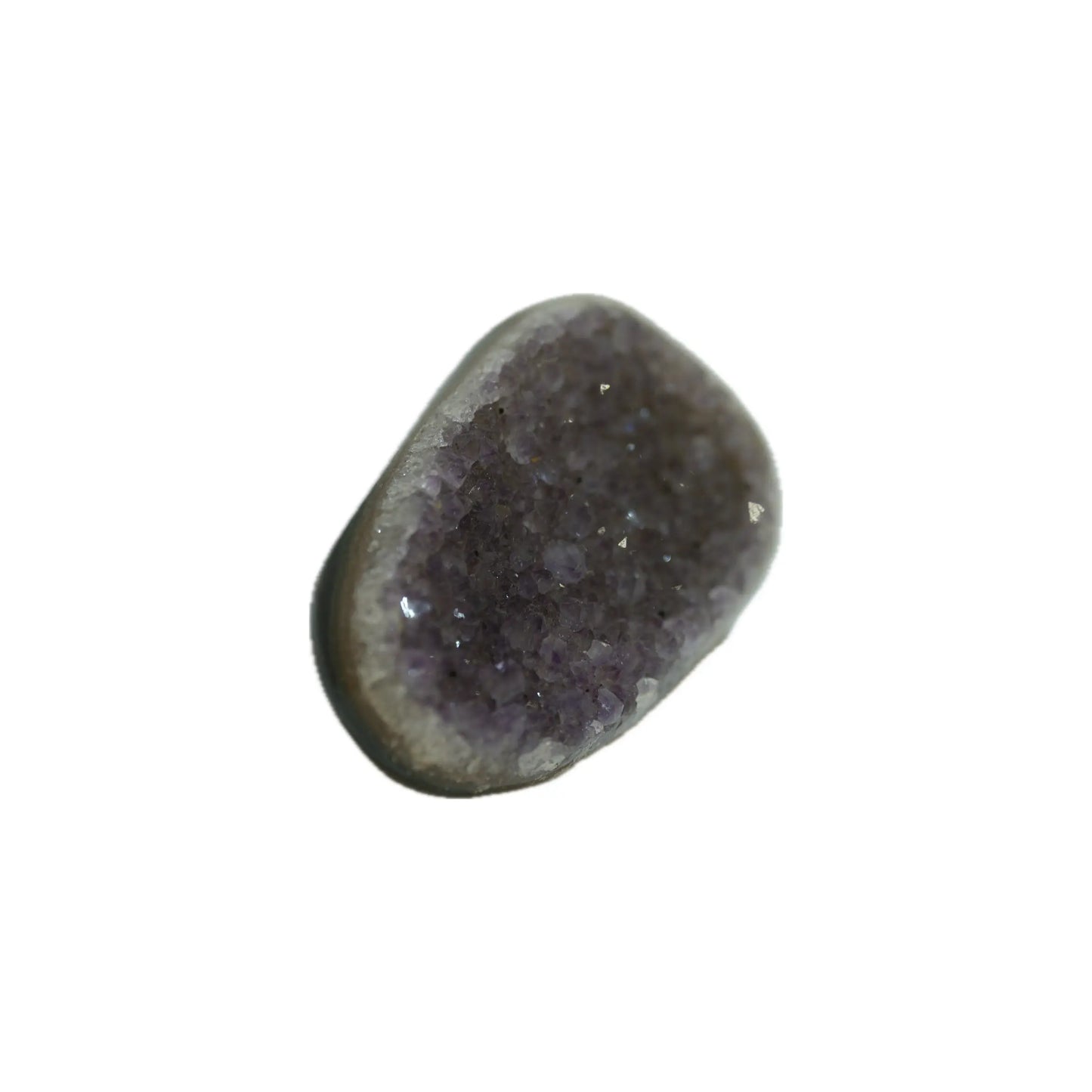 Natural flat amethyst cluster slice with raw crystal surface and polished edge, side angle view