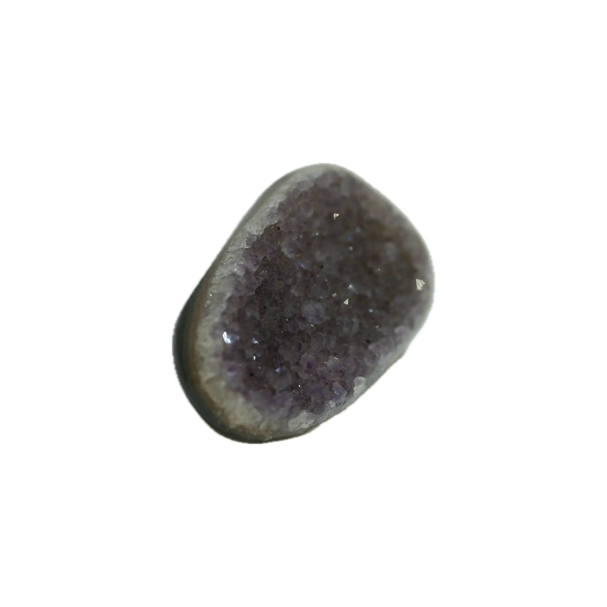Natural flat amethyst cluster slice with raw crystal surface and polished edge, side angle view