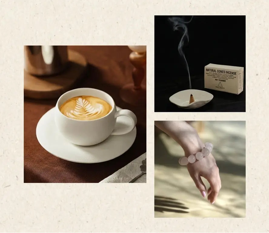 A styled collage on a warm beige textured background with the text 'CRAFTED RITUALS. FIND YOUR STILLNESS.