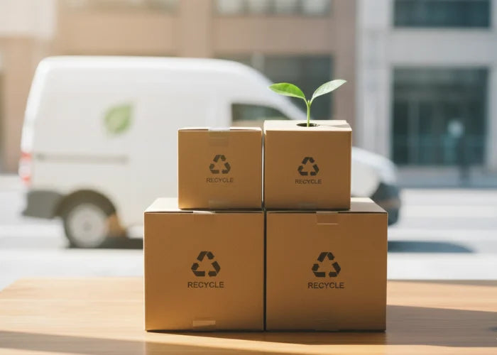 Recyclable cardboard boxes with a plant on top, parked van in the background