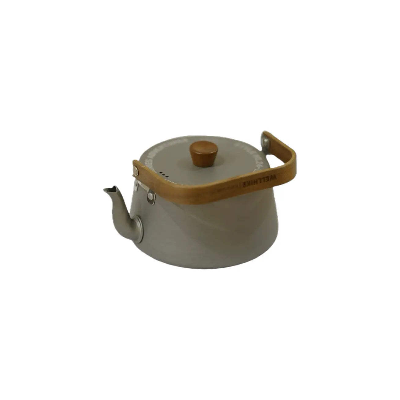 A stylish gray kettle with a wooden handle and knob, featuring an elegant design and spout for pouring on a white background.