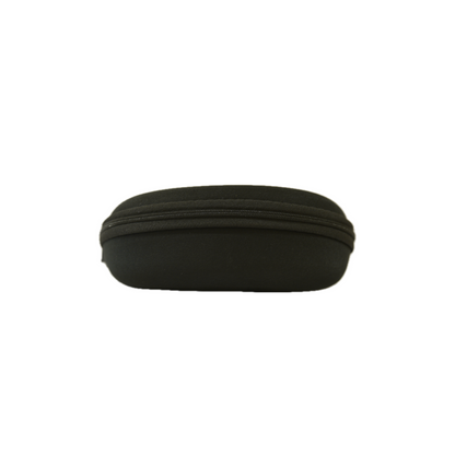 A sleek, black, zippered case with a rounded shape, designed for storing glasses.
