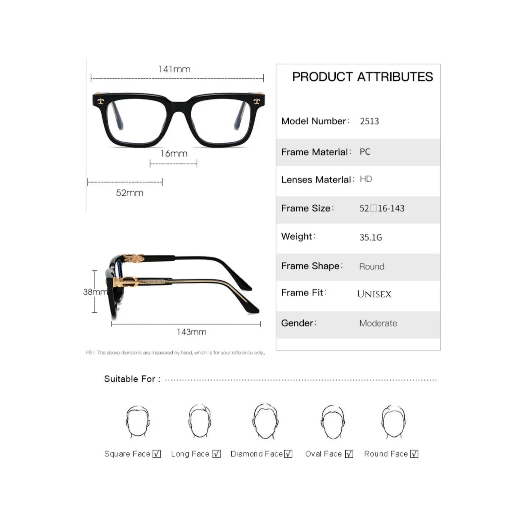 Product attributes of a pair of glasses with dimensions and material details.